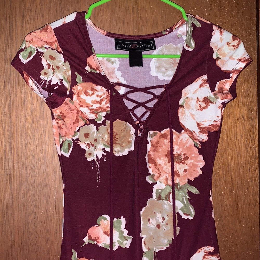 Maroon colored body suit with flowers - NEVER WORN